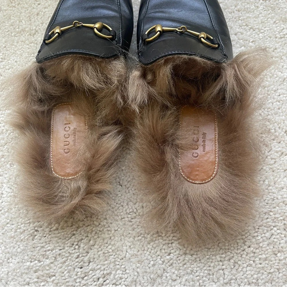 Gucci Princeton Black Fur Mules Slip On Shoes horse bit loafer slides - Picture 4 of 9